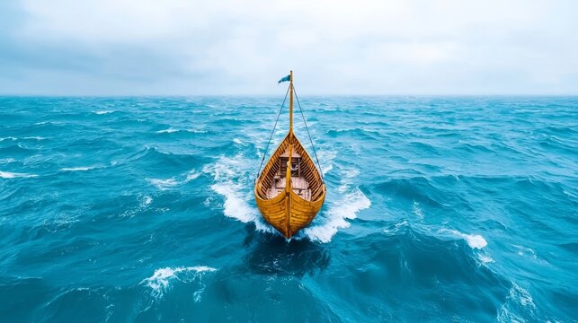 Seas of Storm threaten a Viking ship with a dragon-headed prow as it sails across stormy waves