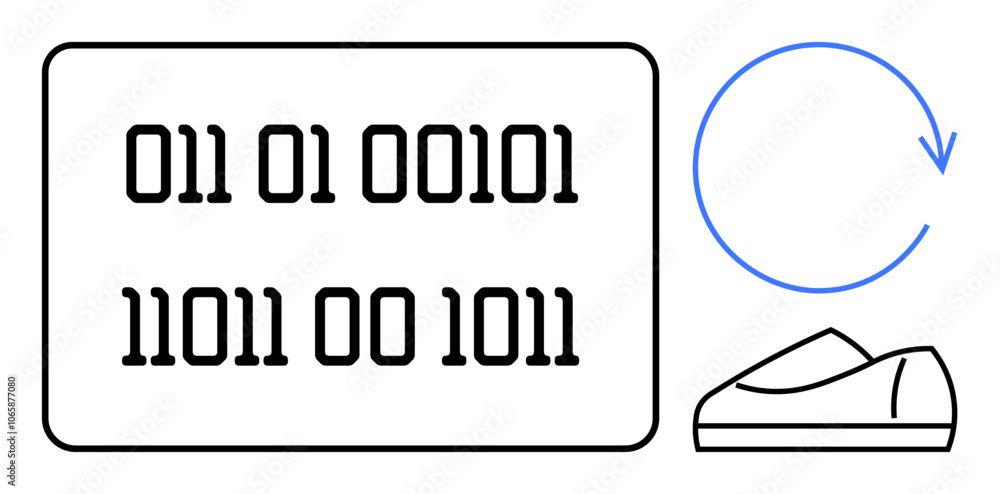 Poster binary code in a rectangular display, refresh arrow in blue, and laptop icon. ideal for technology, 