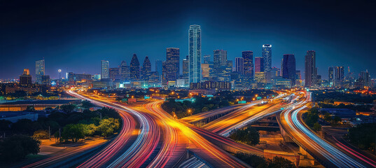 Obraz premium City skyline at night with light trails
