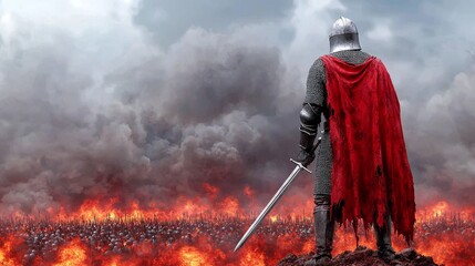 Obraz premium An image of a victorious warrior standing high on a hill, holding his sword, looking over a battlefield