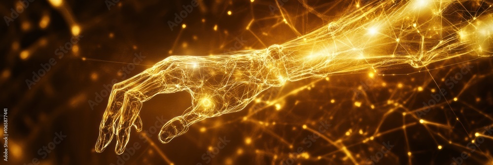 Poster This artwork illustrates a futuristic prosthetic arm responding to neural signals, with bright lines linking to the brain. Generative AI