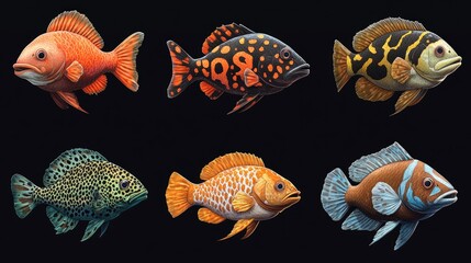 Fototapeta premium Various fish species on dark background
