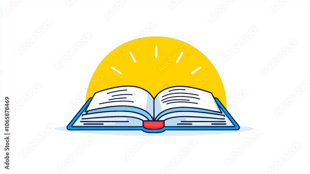 Poster an illustration of an open book with lines symbolizing light rays, symbolic of knowledge spreading