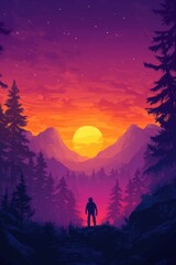 Fototapeta premium Hiker observing majestic sunset over mountain valley at twilight