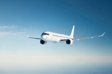 Obraz premium Sleek white passenger jet soaring through clear blue sky