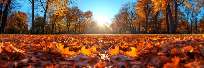 An autumn landscape covered in a vibrant carpet of fallen leaves, blending orange, yellow, and red hues