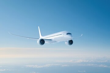 Fototapeta premium Sleek commercial airplane soaring through the clear blue sky