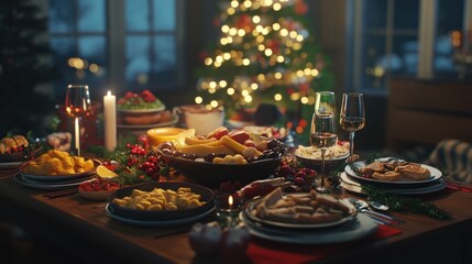 Fototapeta premium Happy Christmas Dinner table full of dishes with food and snacks, New Year's decor with a Christmas tree on the background.