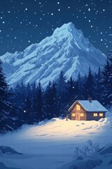Fototapeta premium Cozy wooden cabin nestled in snowy mountains under starry night sky