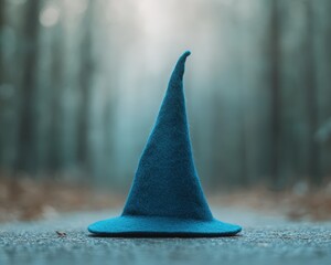 Fototapeta premium Mysterious blue wizard's hat on a dark, foggy background