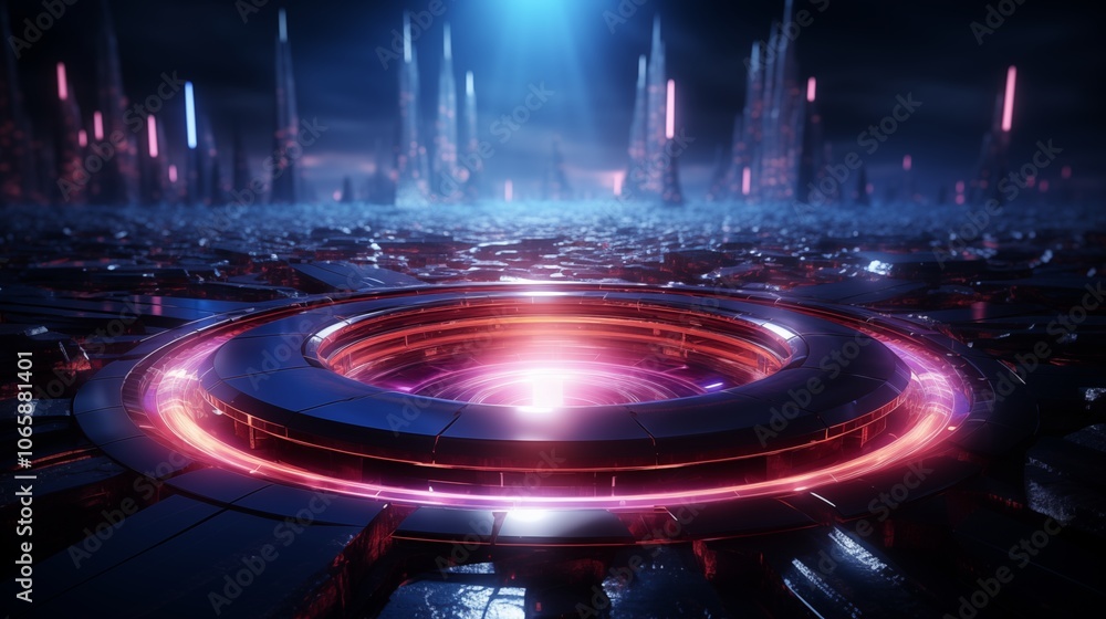Poster futuristic tech-themed background featuring a glowing neon circle on a dark surface, creating a stri