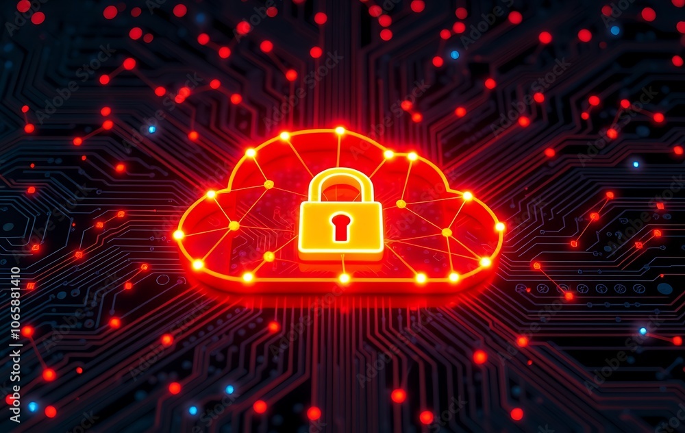 Poster glowing cloud with a padlock is floating over a motherboard, symbolizing cloud computing security