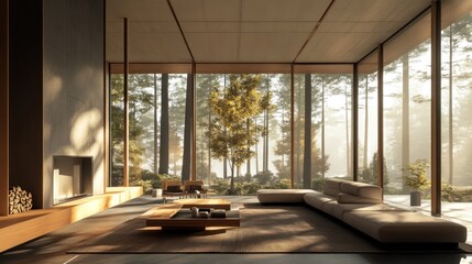 Fototapeta premium A serene modern living room with large windows overlooking a forest.