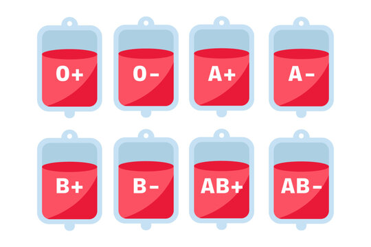 Set of blood groups, names on plastic blood bags. A, B, O, AB types. Isolated on transparent background. Vector illustration.