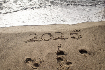 tropical New Year 2025 written in sand on the beach