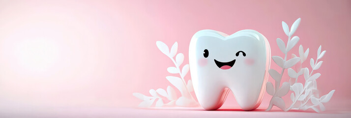 Happy tooth celebration concept for International Dentist day - dental health awareness and oral care inspiration. Horizontal banner. Copy space. Stomatology Day. Dental health and hygiene concept