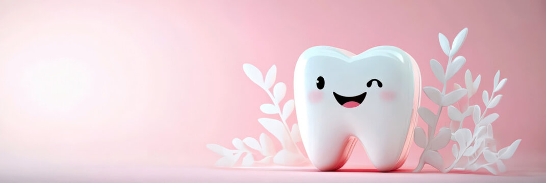 Happy tooth celebration concept for International Dentist day - dental health awareness and oral care inspiration. Horizontal banner. Copy space. Stomatology Day. Dental health and hygiene concept