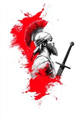 The berserker is raising his sword above his head as he screams at the top of his lungs against the backdrop of the bloody sun.