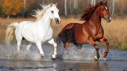 Obraz premium Two horses, one white and one brown, galloping through shallow water in a natural setting.