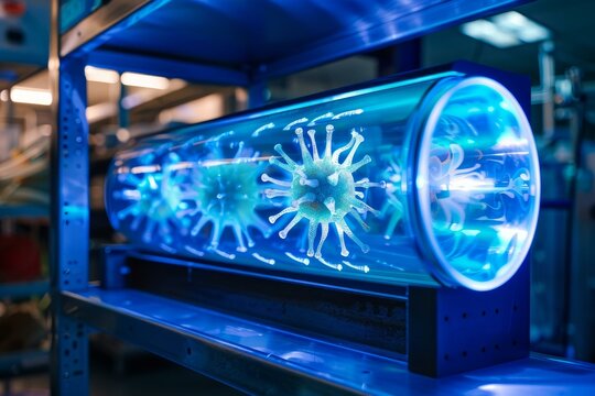 3d model of the coronavirus illuminated under blue light is being analyzed in a medical laboratory - Powered by Adobe