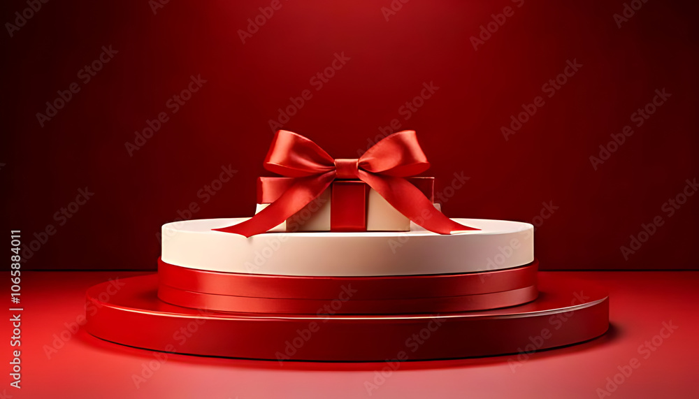 Poster minimalist pedestal features blank round gift red ribbon isolated dark red background rendering