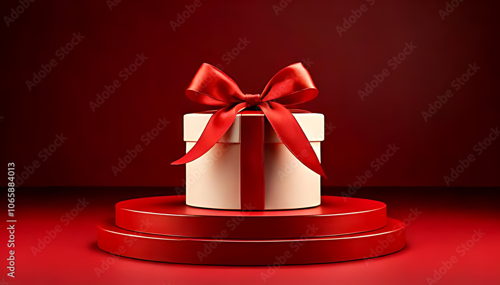 Poster minimalist pedestal features blank round gift red ribbon isolated dark red background rendering