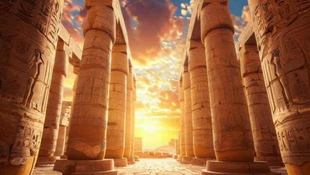Ancient Egyptian temple at sunset, clouds move in sky above huge columns, view of old stone building and sun in Egypt. Concept of pharaoh, civilization, travel, tomb.