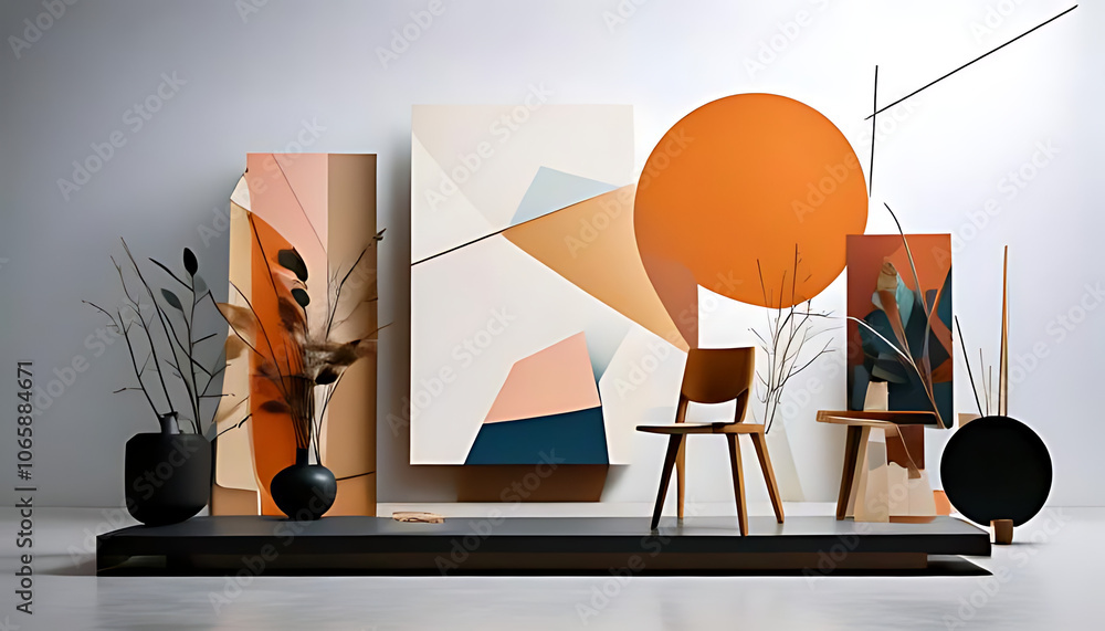 Poster minimalist studio display features geometric shapes abstract forms clean white background graphic il