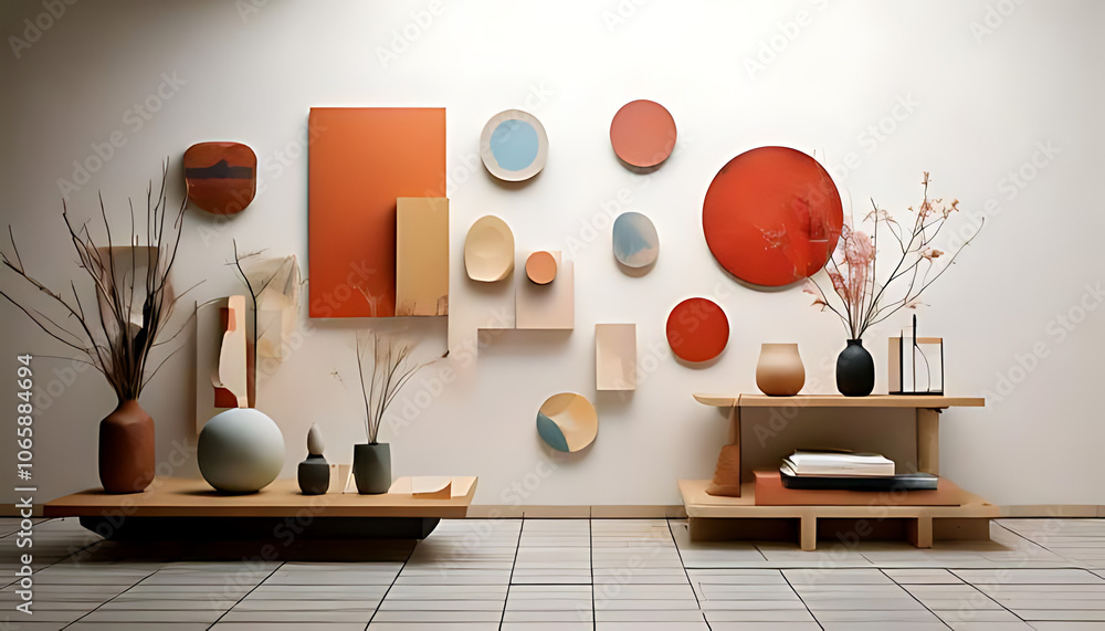 Poster minimalist studio display features geometric shapes abstract forms clean white background graphic il