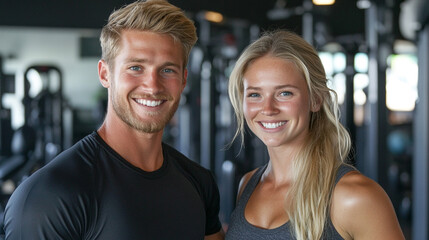 Man and a woman are smiling at the camera in a gym. The man is wearing a shirt and the woman is wearing a tank top