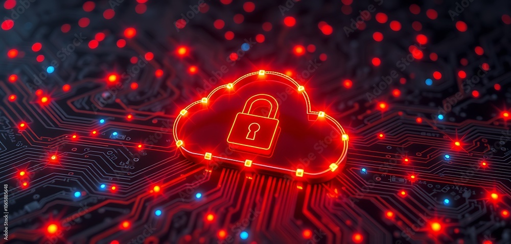 Poster glowing cloud with a padlock is floating over a motherboard, symbolizing cloud computing security