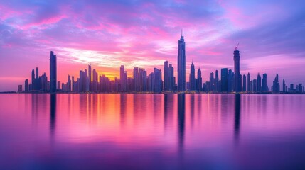Fototapeta premium A stunning view of the Dubai skyline at sunset, with vibrant colors reflected in the water.