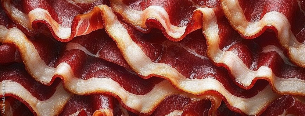 Poster sliced bacon texture displays rich colors and intricate patterns on a white background, perfect for 