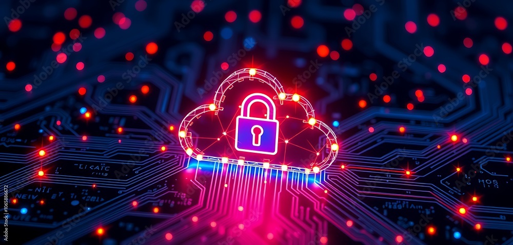 Poster glowing cloud with a padlock is floating over a motherboard, symbolizing cloud computing security