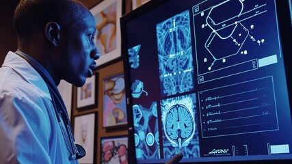 A doctor is focused on reviewing detailed brain scans on a large monitor in a cozy office filled with medical illustrations. The atmosphere is professional yet inviting.