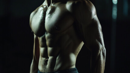 Man with a very muscular chest and arms. The image is in black and white. The man is standing in front of a dark background