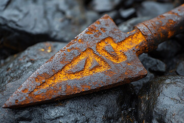 Viking spearhead with rust and ancient markings.