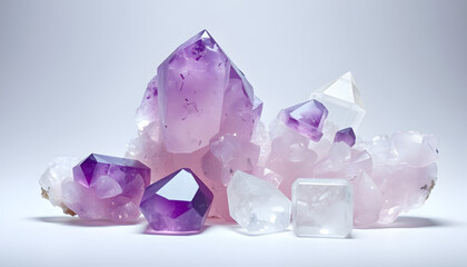 Fototapeta premium Healing magic amethyst and quartz crystals isolated with white highlights, png