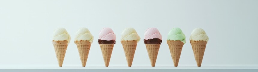Assortment of colorful ice cream scoops in waffle cones