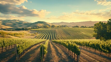 Fototapeta premium A picturesque vineyard during harvest season, with rows of grapevines and a backdrop of rolling hills.