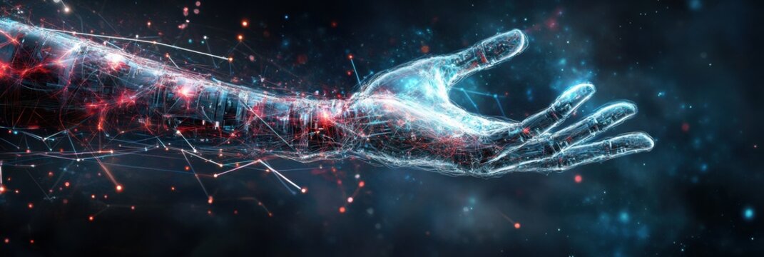 A digital representation shows a prosthetic arm exhibiting vibrant connections signaling brain control in an ethereal setting. Generative AI - Powered by Adobe