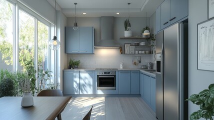 Modern Kitchen with Blue Cabinets, Stainless Steel Appliances, and Natural Light