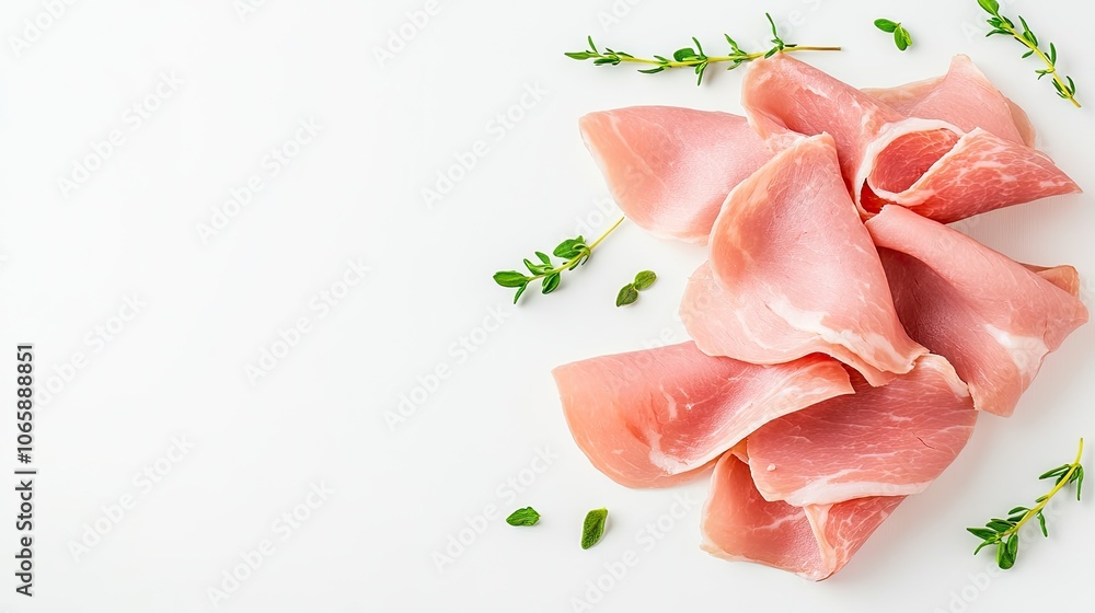 Poster artfully arranged sliced ham garnished with fresh thyme sprigs, showcasing culinary elegance and sim