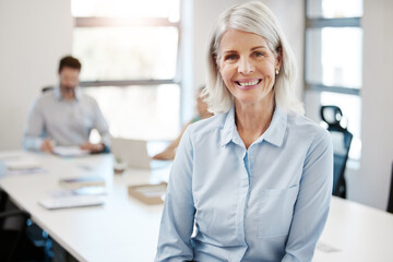 Portrait, mature woman and happiness in office as ceo or entrepreneur for human resources agency. Female person, pride and confidence as manager, leader and mentor for recruitment or business meeting