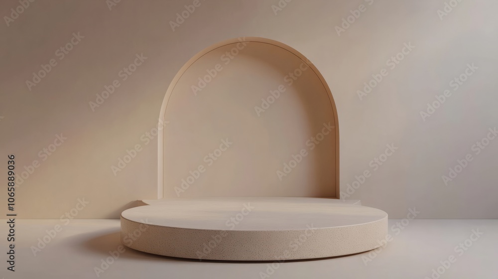 Poster podium empty product display to show cosmetic product platform with arch 3d rendering