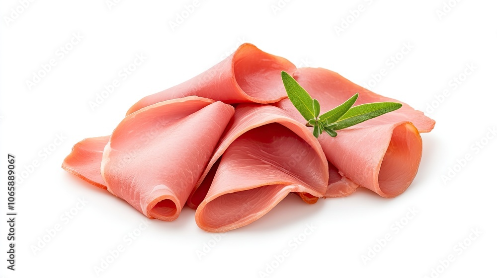 Poster deliciously sliced ham with a fresh thyme sprig highlighting quality and simplicity against a clean 