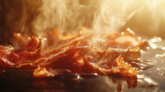Delicious crispy bacon frying in hot pan with steam