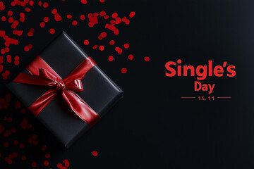 The gift is tied with a striking red ribbon on the black background. Single's Day concept, Nov. 11