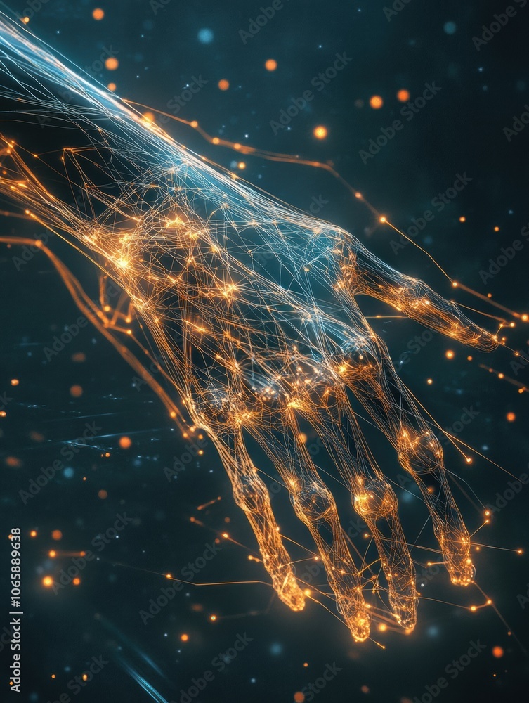 Poster a futuristic prosthetic arm is shown, with glowing lines representing neural signals connecting to t