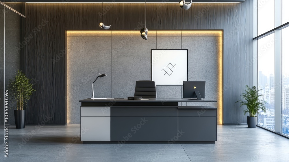 Poster a sleek workspace featuring a modern desk setup with decorative accents, creating a professional yet